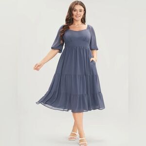 BloomChic Blue Pocket Mesh Lantern Sleeve Smocked Back Ruffle Tiered Dress 2X